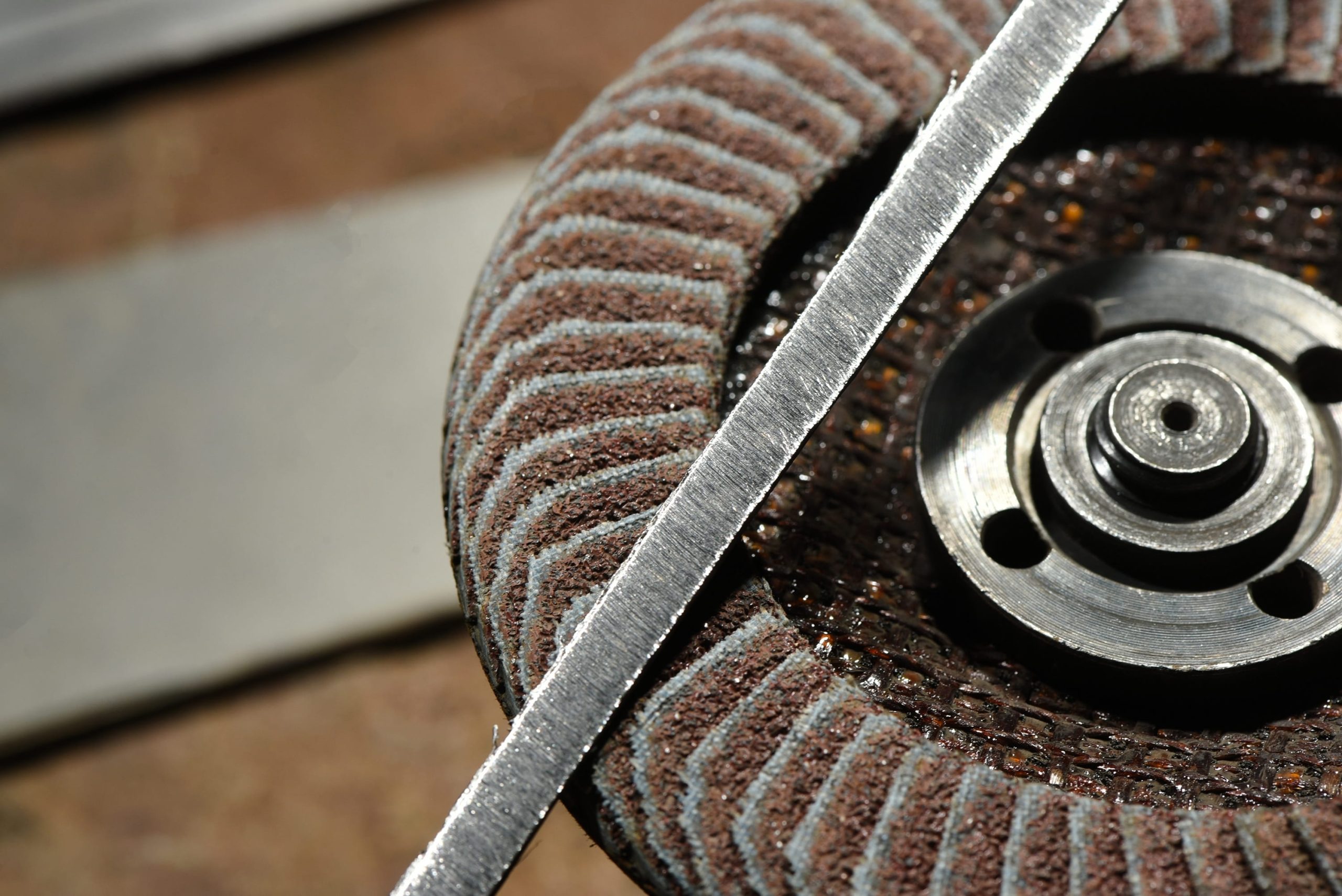 close up view of abrasive flap disc metal hub