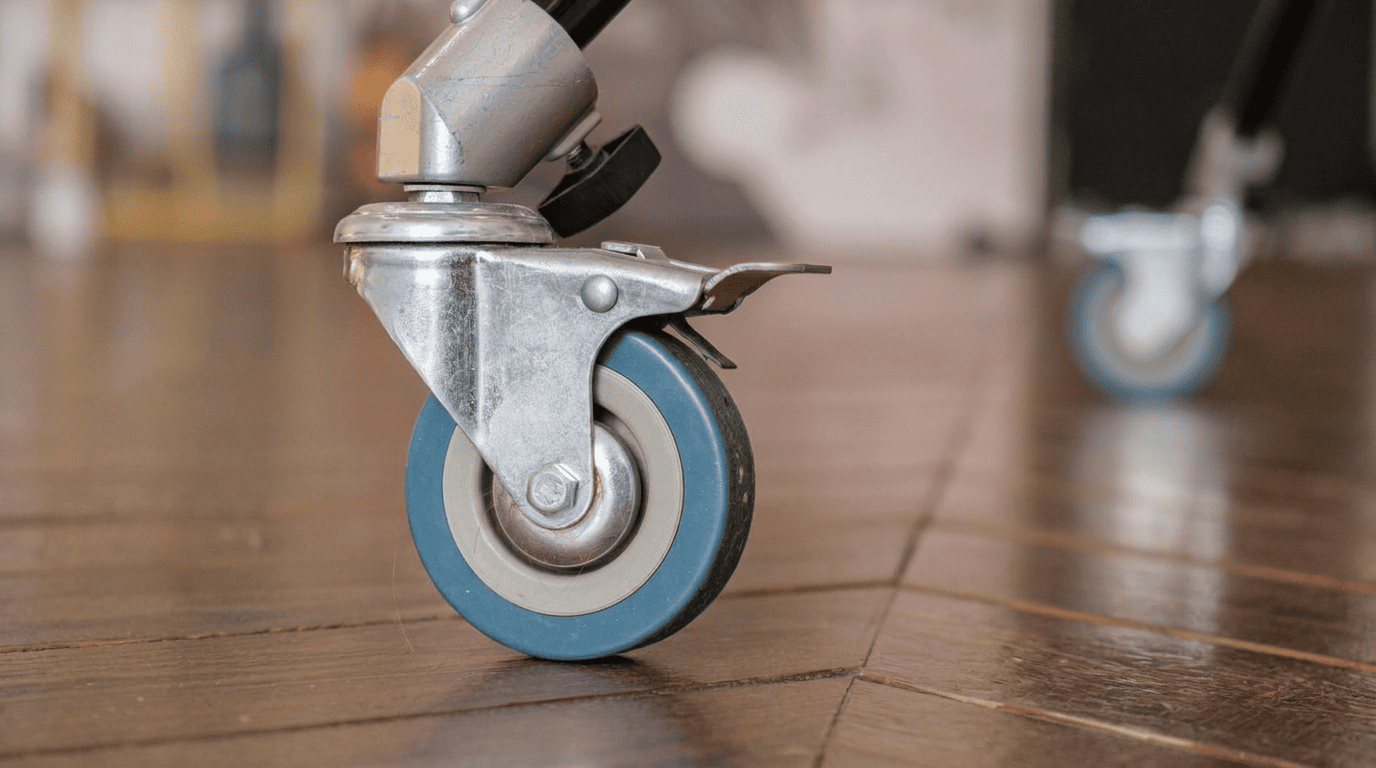 Close-up of a blue rubber caster wheel with a swivel bracket and locking brake on a wooden floor.