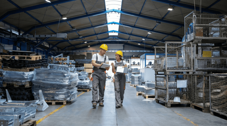 Two workers in hard hats reviewing documents while walking through a manufacturing warehouse 