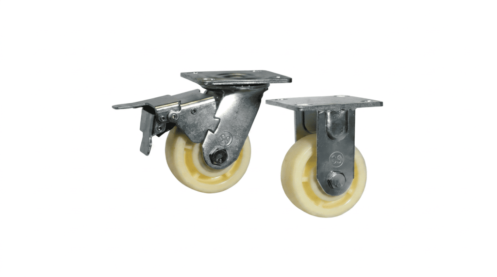 Gray polyurethane caster wheel with a locking brake mechanism attached to the base of a white medical cart