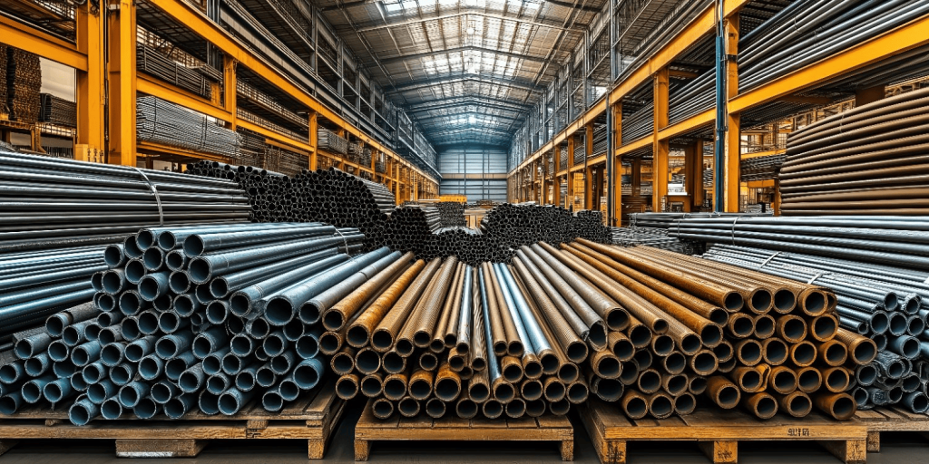 Steel pipes and tubes of various sizes stacked on wooden pallets inside a large industrial warehouse