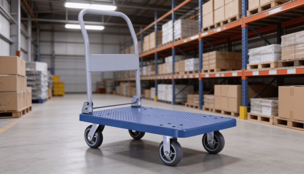 A metal platform cart with gray thermoplastic rubber caster wheels on a warehouse floor