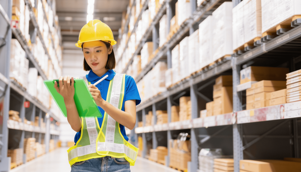A female warehouse engineer in a yellow hard hat and safety vest reviews inventory on a tablet inside a large warehouse