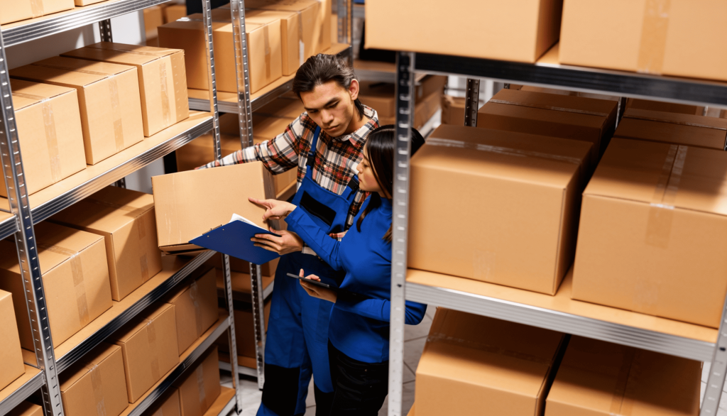 Warehouse workers cross-referencing inventory records against boxed items stacked on metal shelving racks