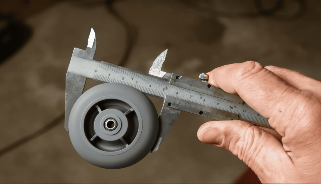 Technician measuring a gray TPR caster wheel diameter with metal calipers