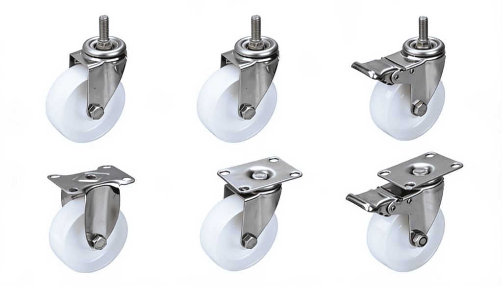 Six nylon caster wheels with stainless steel brackets in swivel, fixed, and brake configurations against a white background