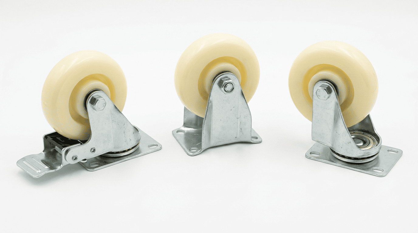 Set of three nylon caster wheels with steel plate mounts, including one swivel brake model