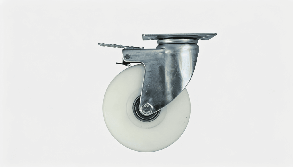 A polypropylene caster wheel with brake lock and galvanized steel bracket