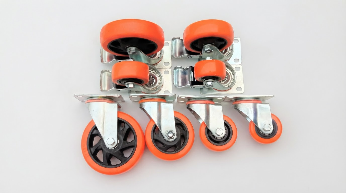 Orange polyurethane swivel casters with zinc top plate mounts displayed on a plain white surface