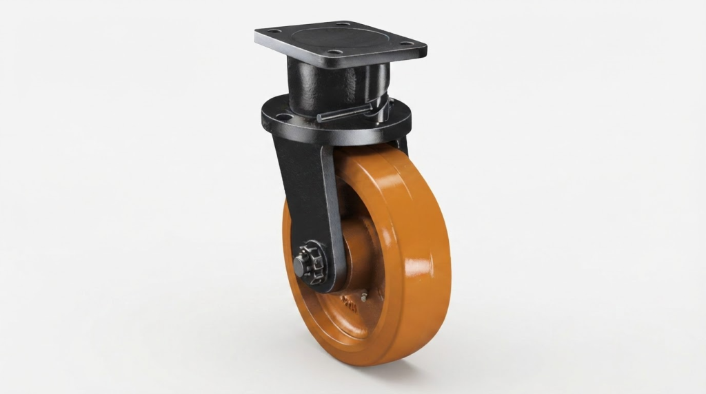 Heavy-duty orange polyurethane caster wheel with a black cast iron swivel bracket and square top plate on a white background