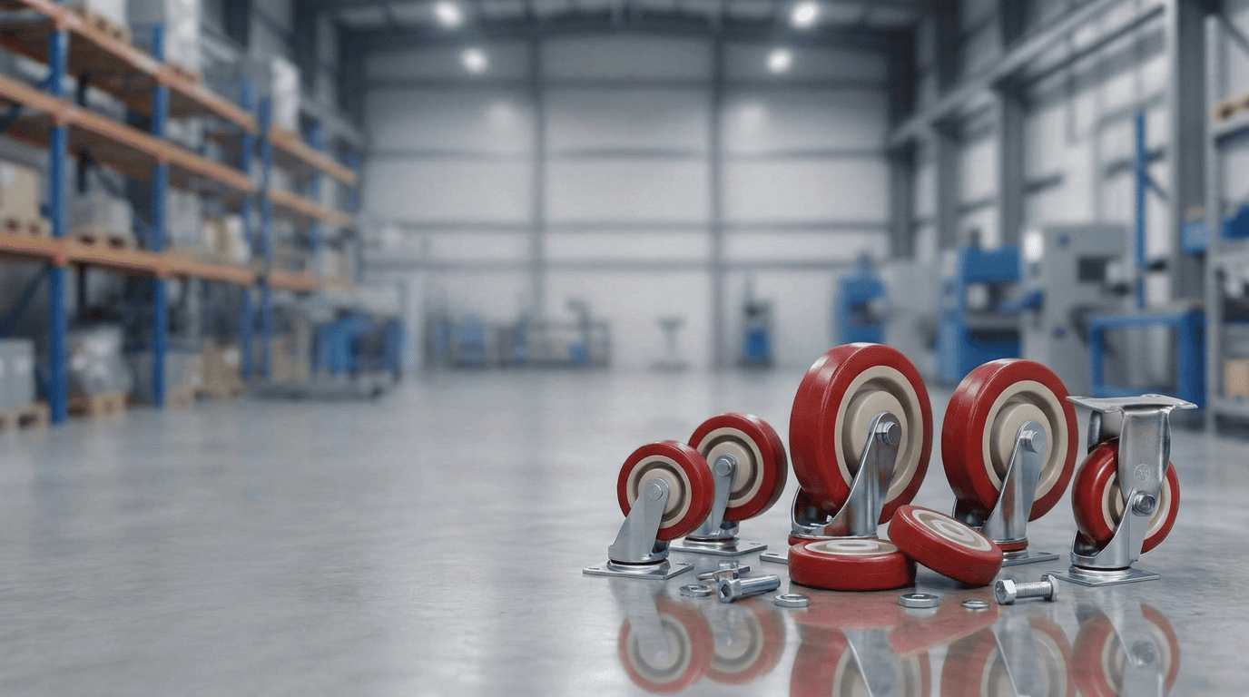 A product display of PVC caster wheels in graduated sizes with steel swivel fittings and bolts on a warehouse floor