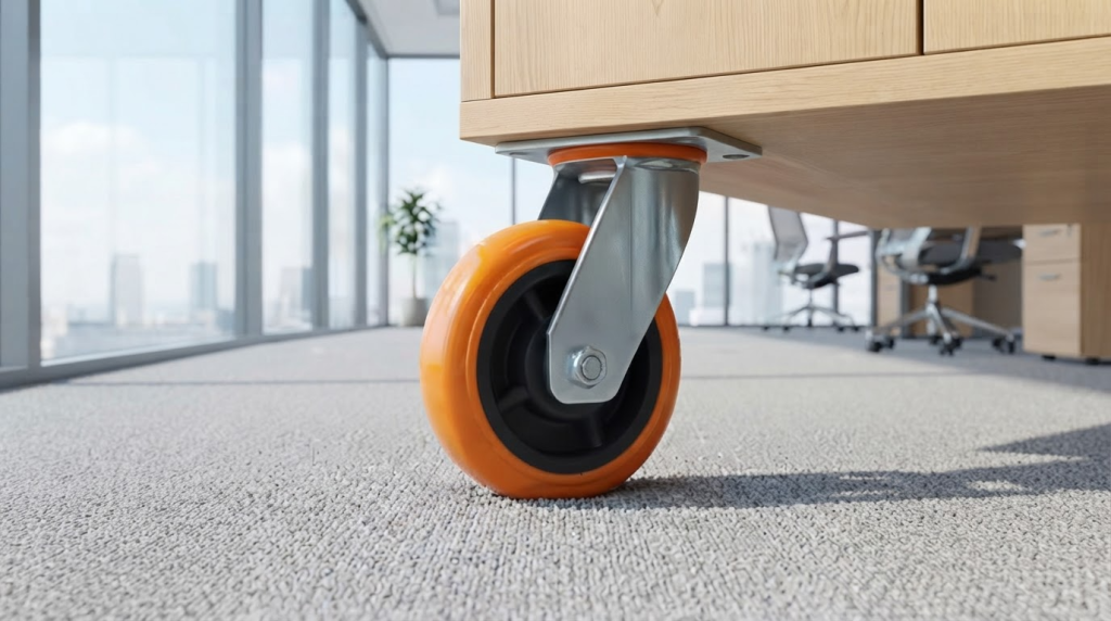 Orange PVC swivel caster wheel supporting a light wood cabinet on a carpeted office floor with a city skyline in the background