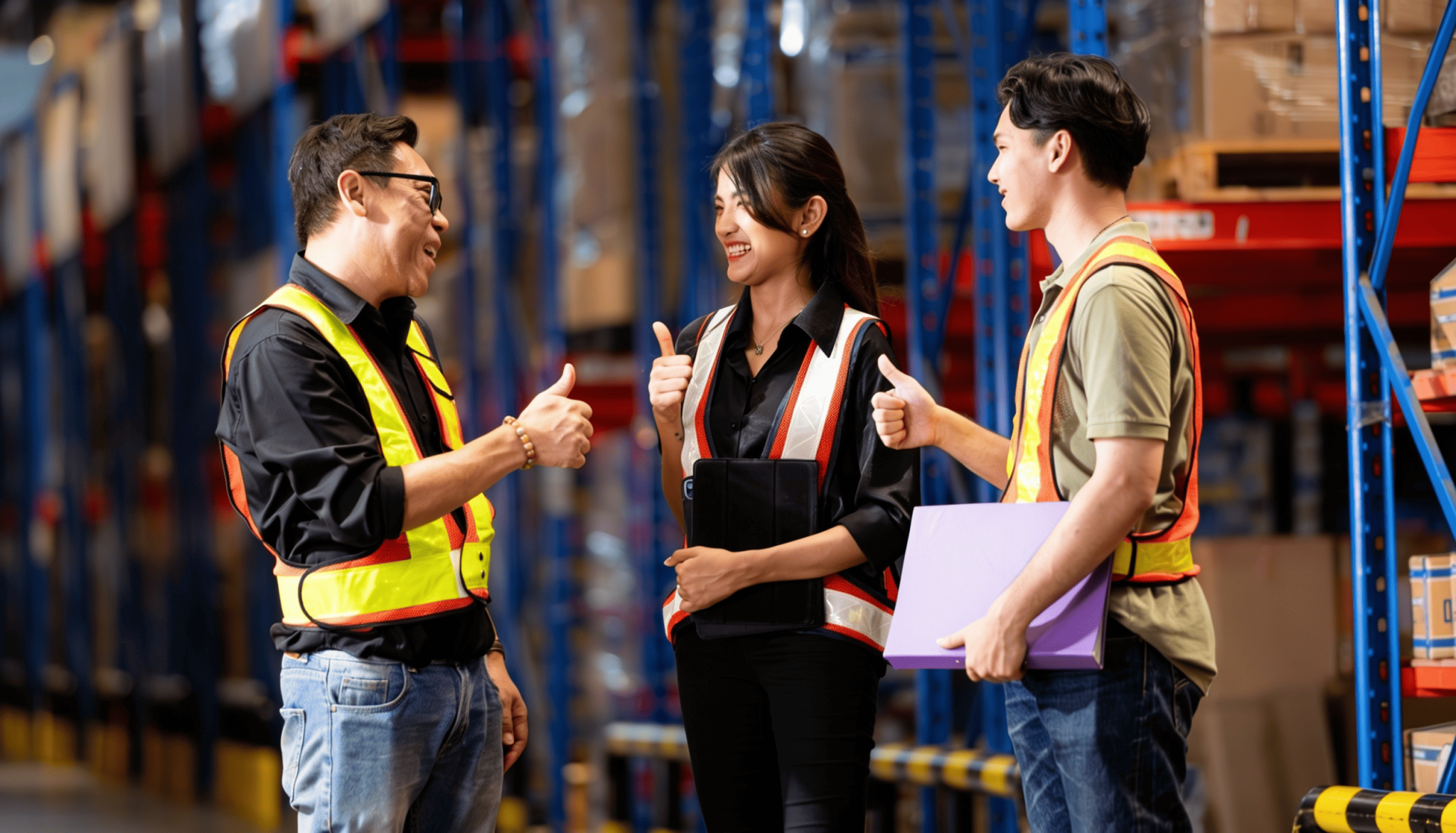 A warehouse team in safety vests gives a thumbs-up during a supplier discussion inside a storage facility