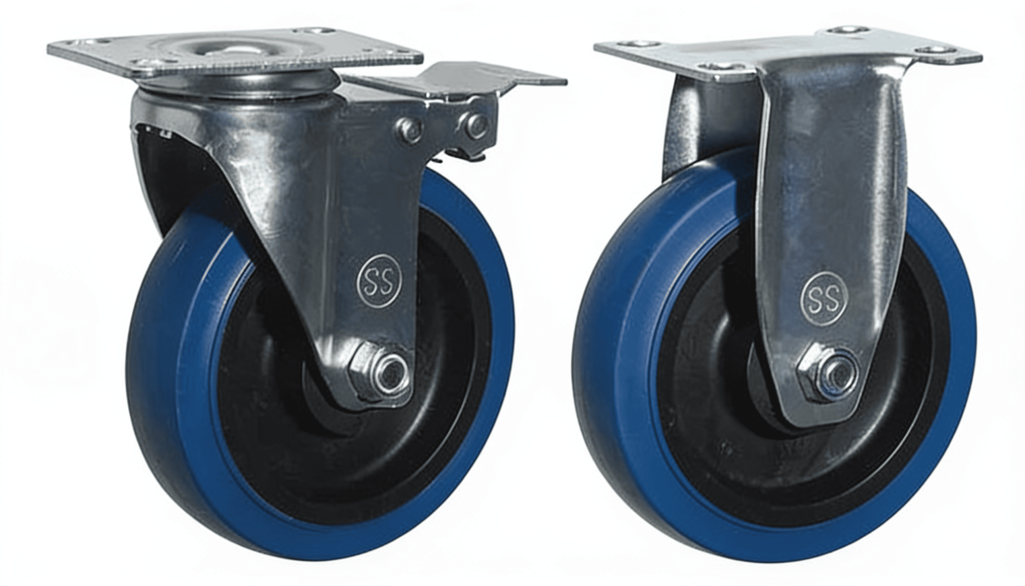 Blue thermoplastic rubber caster wheels with zinc-plated brackets on a white background