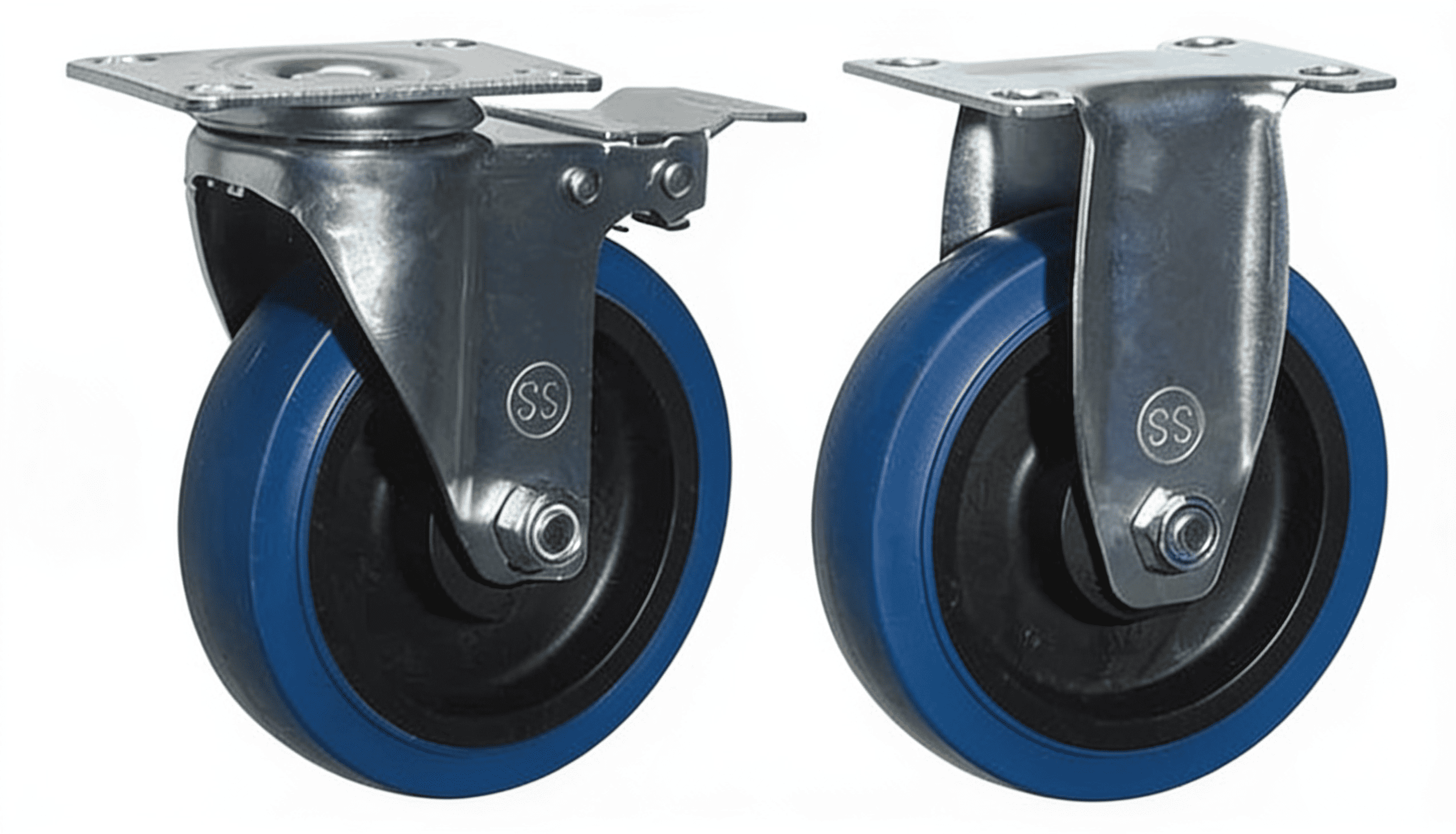 Blue thermoplastic rubber caster wheels with zinc-plated brackets on a white background