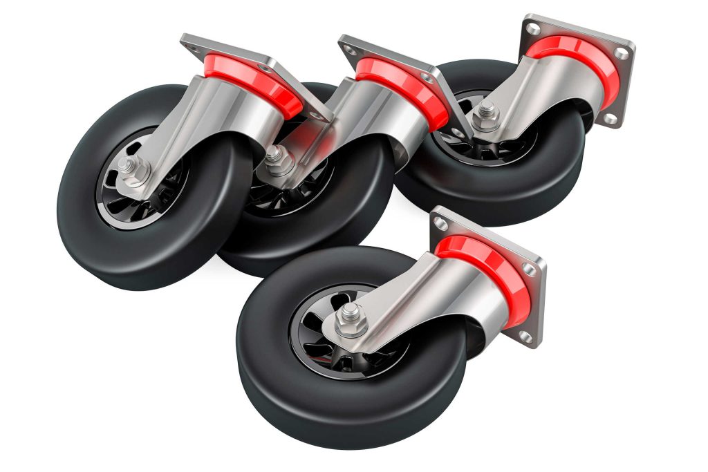 Four heavy-duty swivel caster wheels with black rubber treads, red accent rings, and steel mounting brackets on a white background