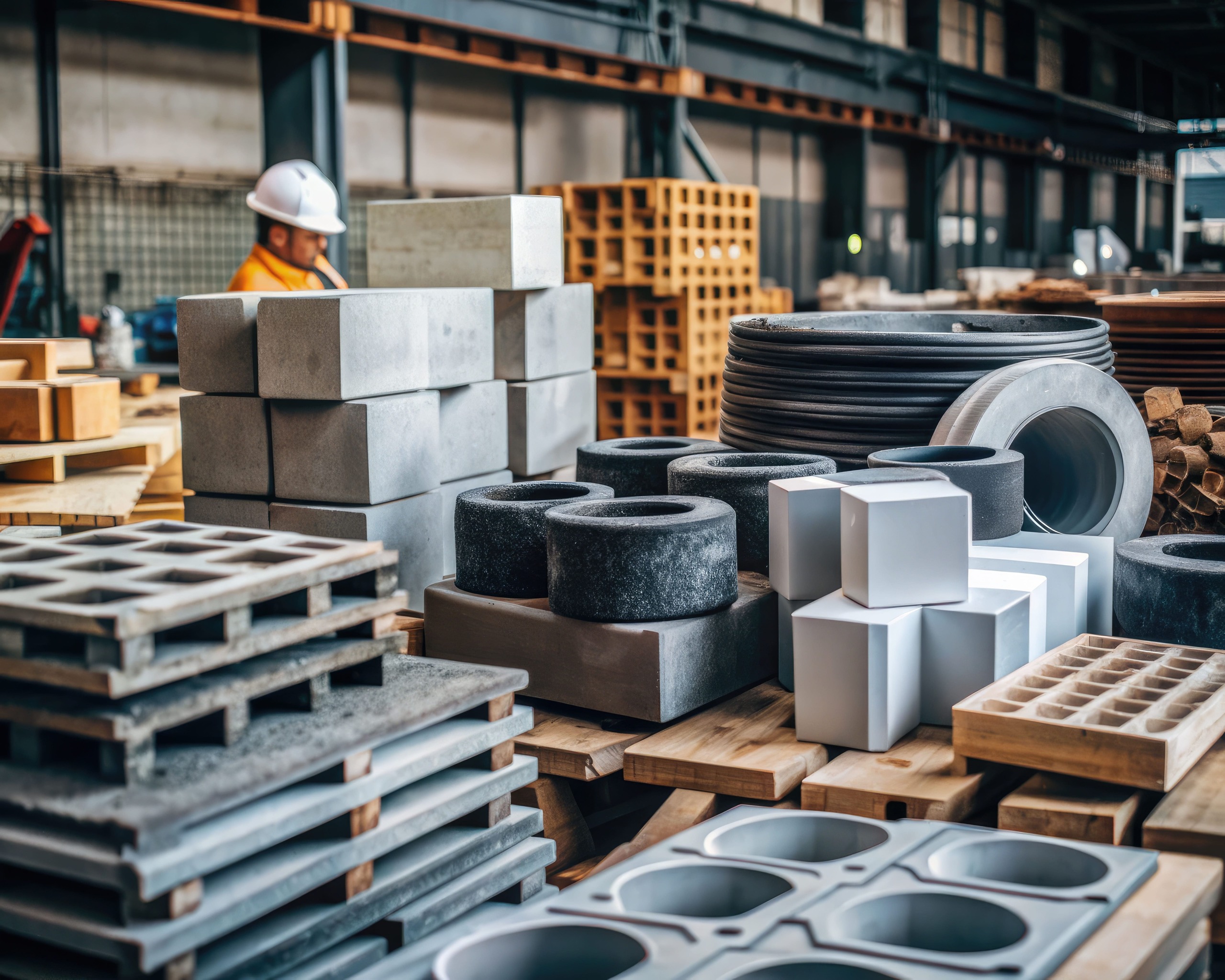Industrial warehouse setting filled with stacked concrete blocks, mold rings, and pallets with a worker in a hardhat