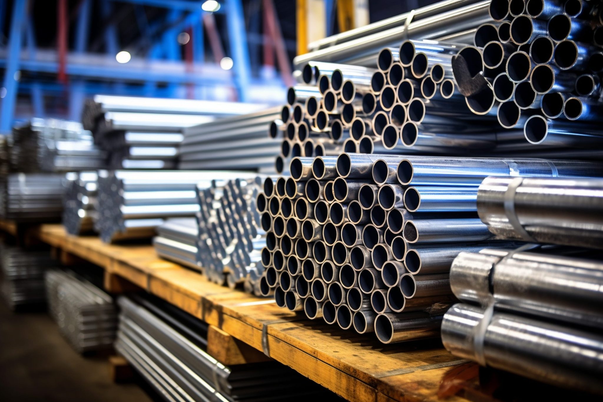 Stacks of round hollow steel tubes and metal profiles arranged on wooden pallets inside an industrial facility