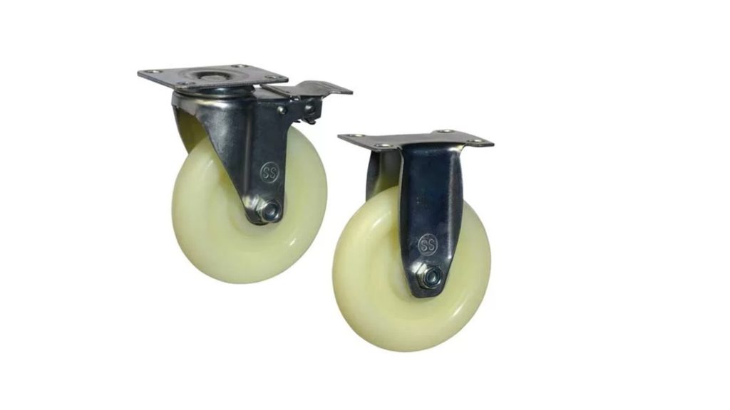 Medium-duty white polypropylene caster wheels with stainless steel brackets, one swivel with brake and one rigid