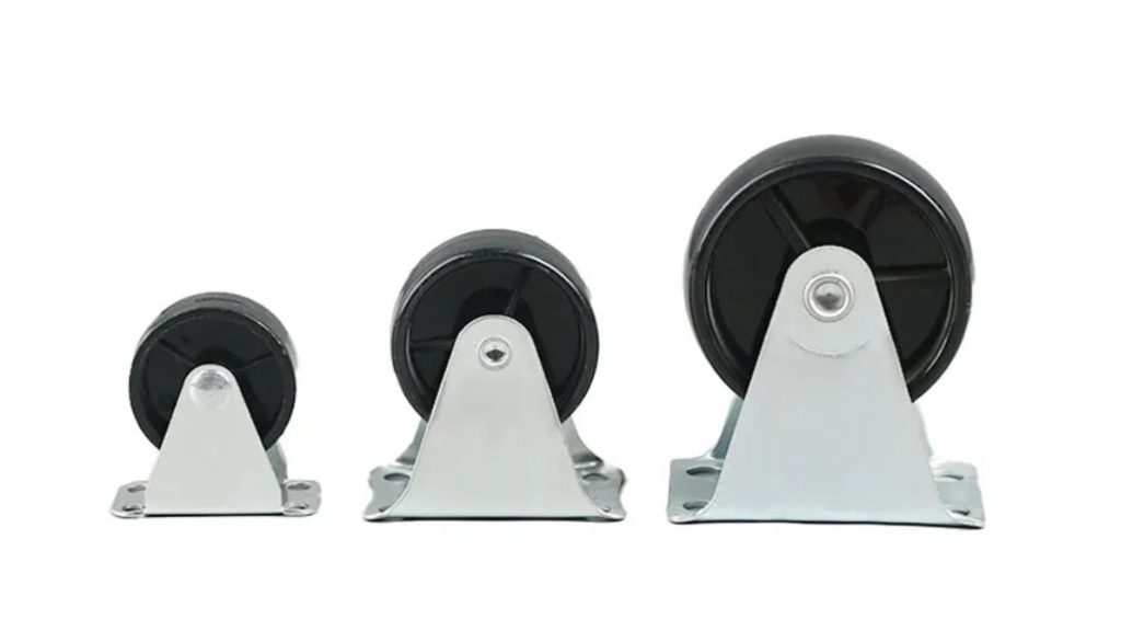 Three black polypropylene rigid caster wheels in small, medium, and large sizes with steel brackets