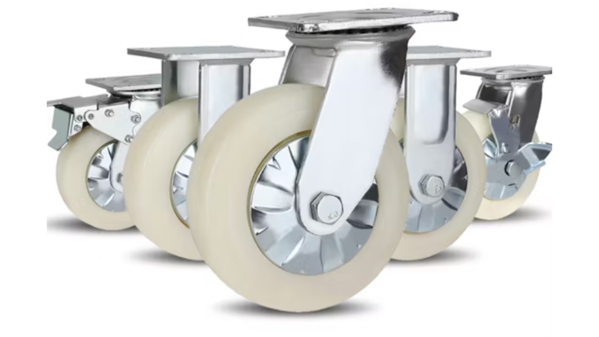 Set of white polypropylene caster wheels with steel hubs in swivel, rigid, and locking types